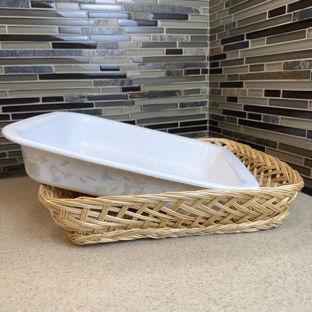Vintage Corning Ware A-21 Pastel Bouquet Lasagna Roaster 12x10 w/ Wicker Basket